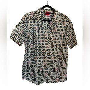 Hugo Boss Button Up Short-Sleeve Logo Print Shirt 100% Cotton Preppy XL Summer